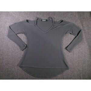 Yoins Top Womens L Charcoal Thermal Waffle Knit Long Sleeve V Neck CutouShirt